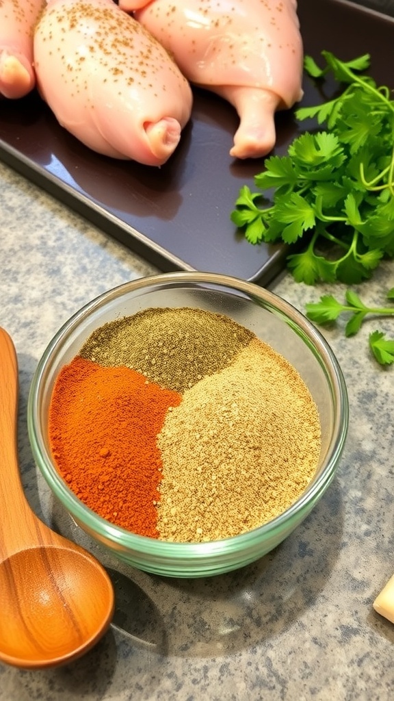 A bowl of chicken seasoning blend with spices and a wooden spoon on a kitchen countertop.